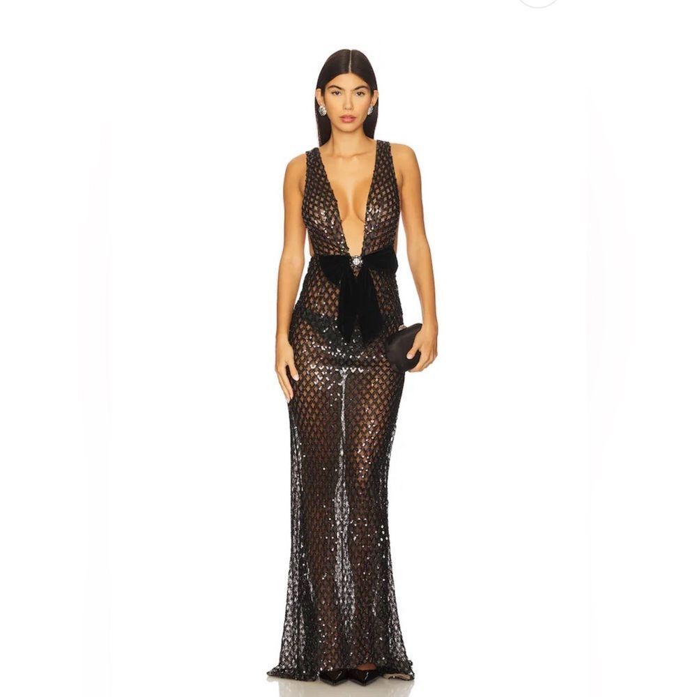 NWOT BRONX AND BANCO Liora Sequin Bead Gown, Elegant Black Evening Maxi Dress